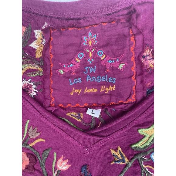 Johnny Was V Neck Burgundy Embroidered Floral Long Sleeve Tshirt Large - Picture 5 of 8